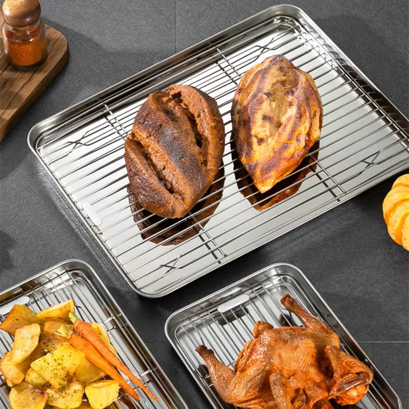2Pcs/Set Non-Stick Baking Tray Stainless Steel Cake Bread Cooling Rack Suit Grid Line Bakeware Plate Kitchen Cooking Tools