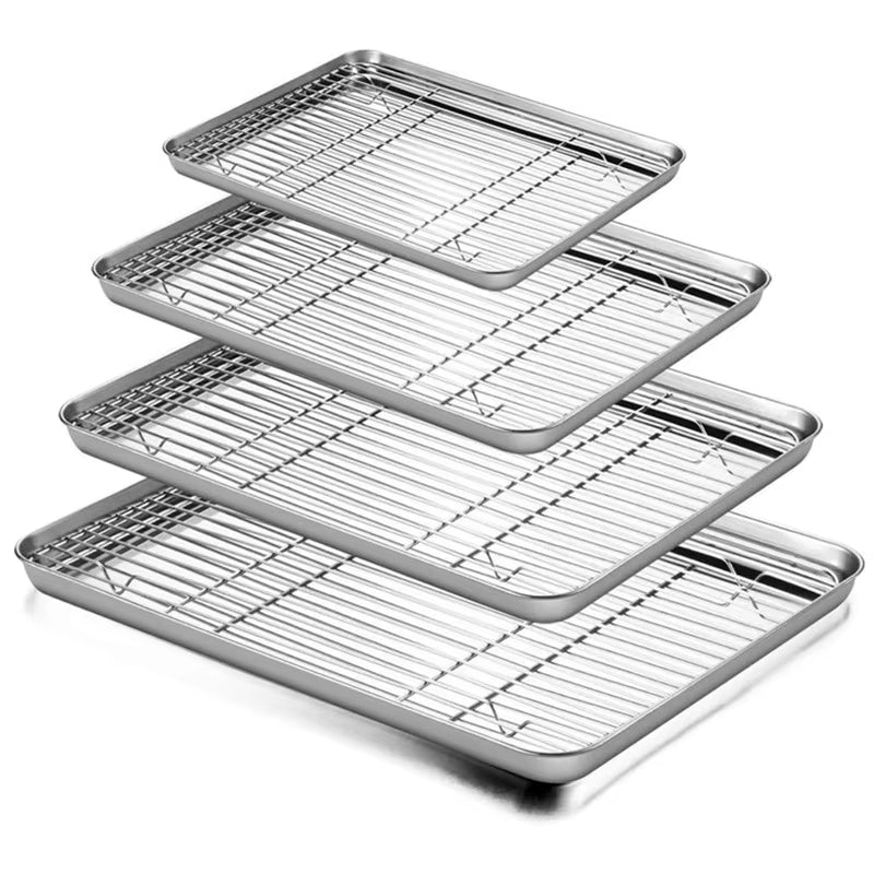 2Pcs/Set Non-Stick Baking Tray Stainless Steel Cake Bread Cooling Rack Suit Grid Line Bakeware Plate Kitchen Cooking Tools