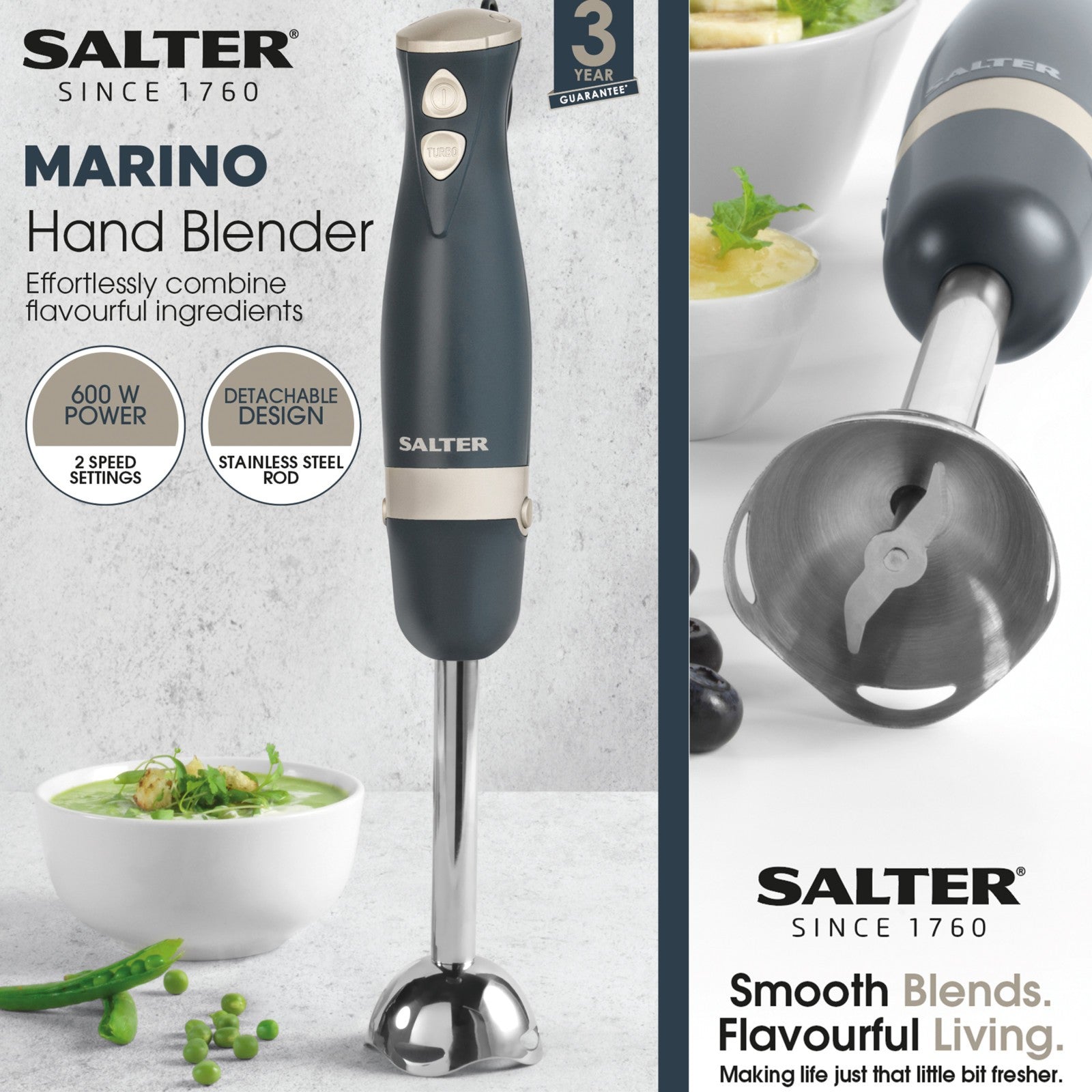 Salter Marino Hand Blender Immersion Blending 2 Speeds Settings Blue Grey 600 W