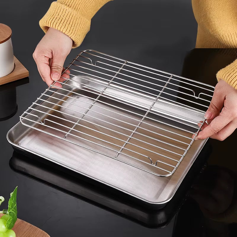 2Pcs/Set Non-Stick Baking Tray Stainless Steel Cake Bread Cooling Rack Suit Grid Line Bakeware Plate Kitchen Cooking Tools
