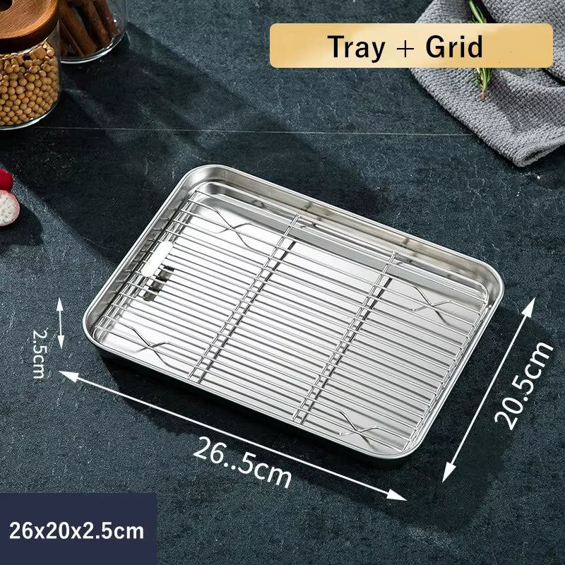 2Pcs/Set Non-Stick Baking Tray Stainless Steel Cake Bread Cooling Rack Suit Grid Line Bakeware Plate Kitchen Cooking Tools