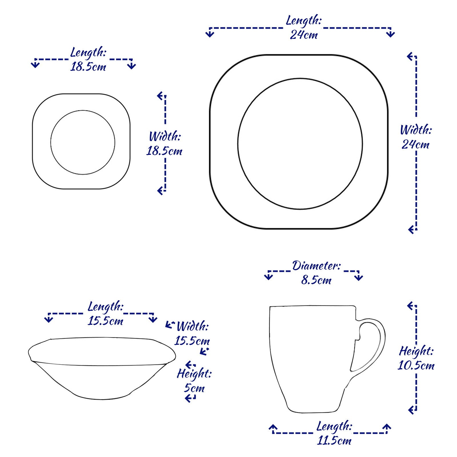 16PC Square Dinner Set Porcelain Dining Soup Plate Bowl Mug Dinnerware Printed