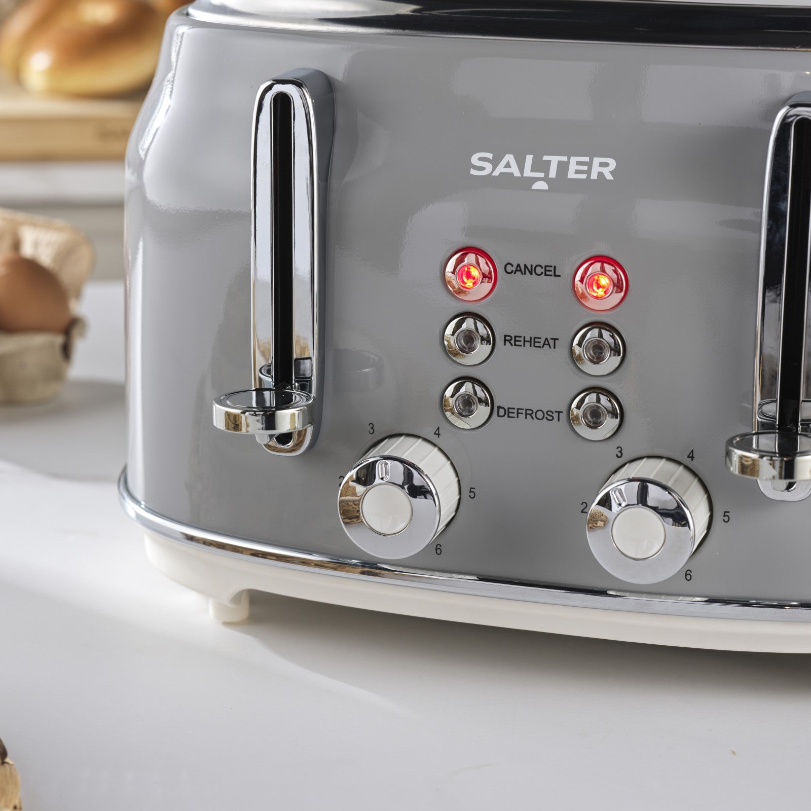 Salter Retro 4-Slice Toaster Wide Slot 6 Level Defrost Removable Crumb Tray Grey