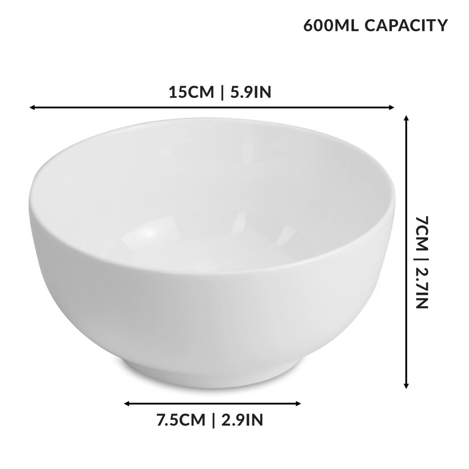 White Porcelain Bowls 600Ml - Set of 4 | Breakfast, Soup, Noodles | M&W