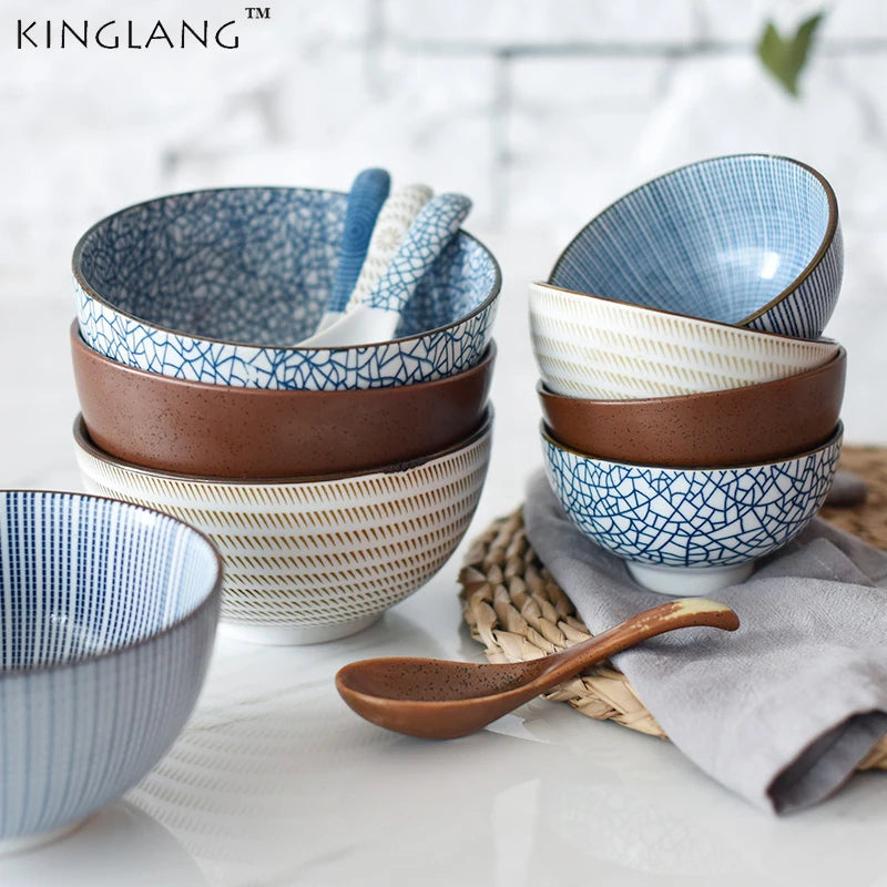 Japanese Classical Ceramic Bowls Tableware Kitchen Soup Noodle Rice Bowl Big Ramen Bowl Spoon and Teacup