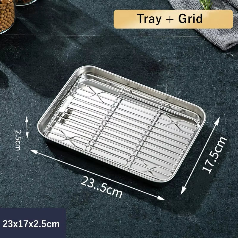 2Pcs/Set Non-Stick Baking Tray Stainless Steel Cake Bread Cooling Rack Suit Grid Line Bakeware Plate Kitchen Cooking Tools