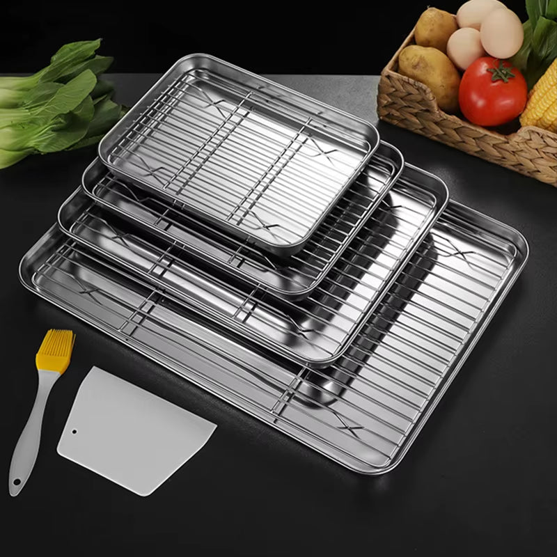 2Pcs/Set Non-Stick Baking Tray Stainless Steel Cake Bread Cooling Rack Suit Grid Line Bakeware Plate Kitchen Cooking Tools