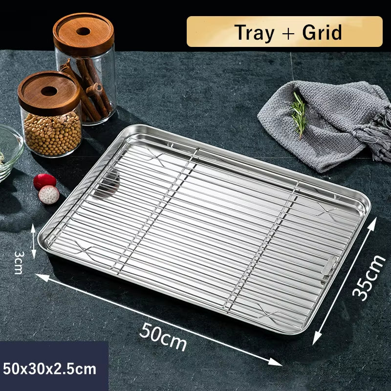2Pcs/Set Non-Stick Baking Tray Stainless Steel Cake Bread Cooling Rack Suit Grid Line Bakeware Plate Kitchen Cooking Tools