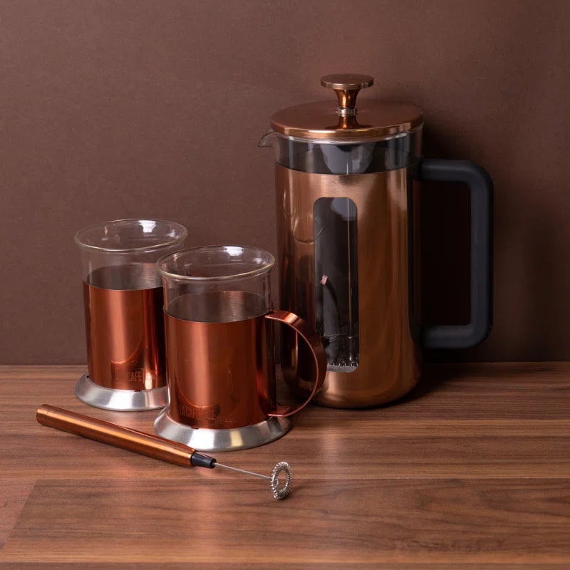 3Pc Set with Copper Pisa 8-Cup Cafetière, Milk Frother and 2X Copper Coffee Mugs