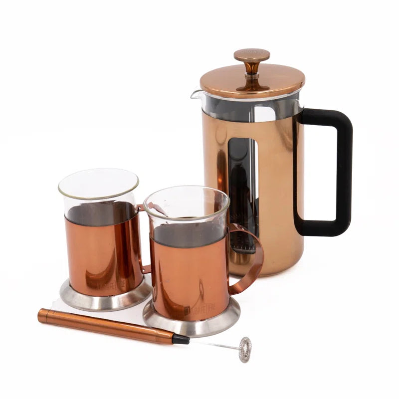 3Pc Set with Copper Pisa 8-Cup Cafetière, Milk Frother and 2X Copper Coffee Mugs