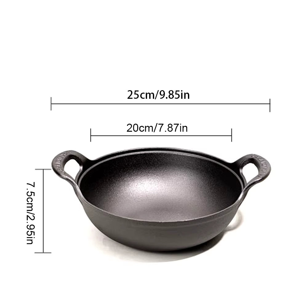 Cast Iron Pot with Lid & Dual Handle Uncoated Skillet Multi-Function Flat Bottom Stir Fry Pan for Gas Induction Cooker