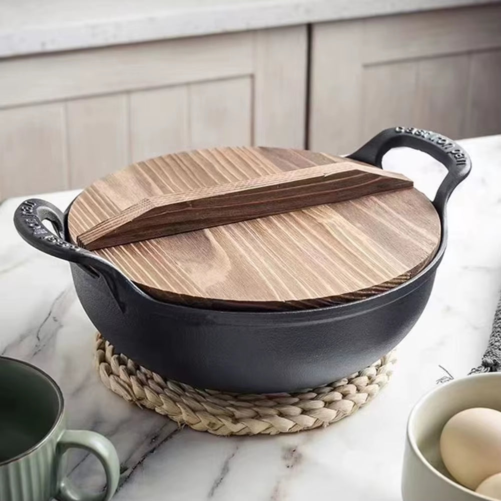 Cast Iron Pot with Lid & Dual Handle Uncoated Skillet Multi-Function Flat Bottom Stir Fry Pan for Gas Induction Cooker
