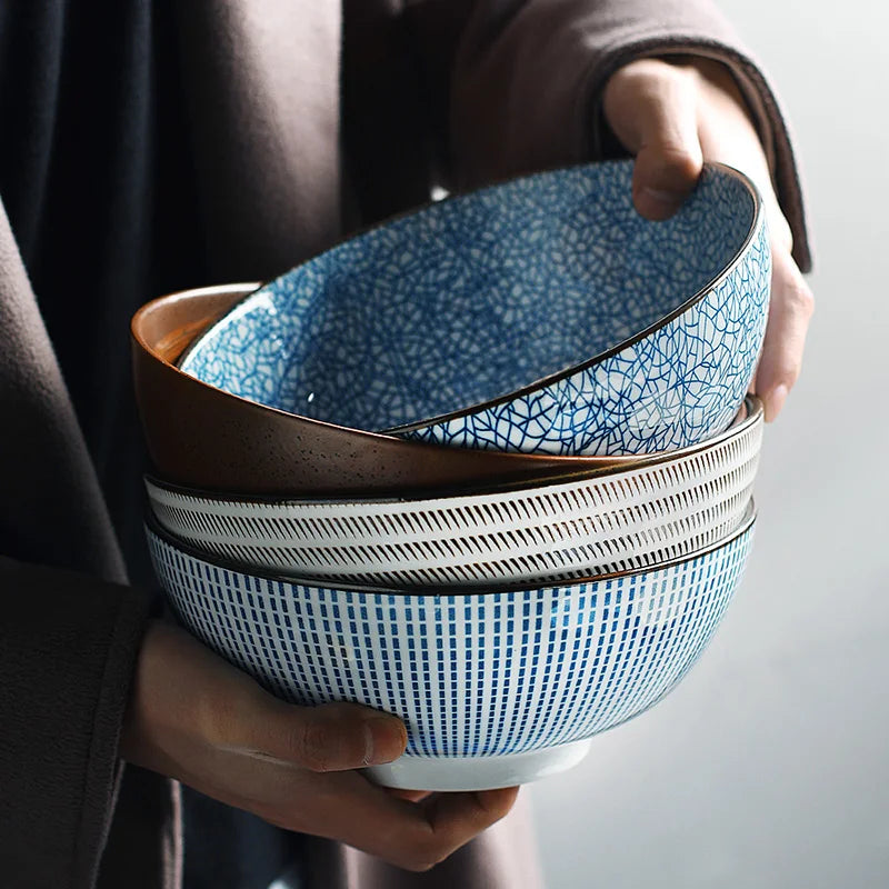 Japanese Classical Ceramic Bowls Tableware Kitchen Soup Noodle Rice Bowl Big Ramen Bowl Spoon and Teacup