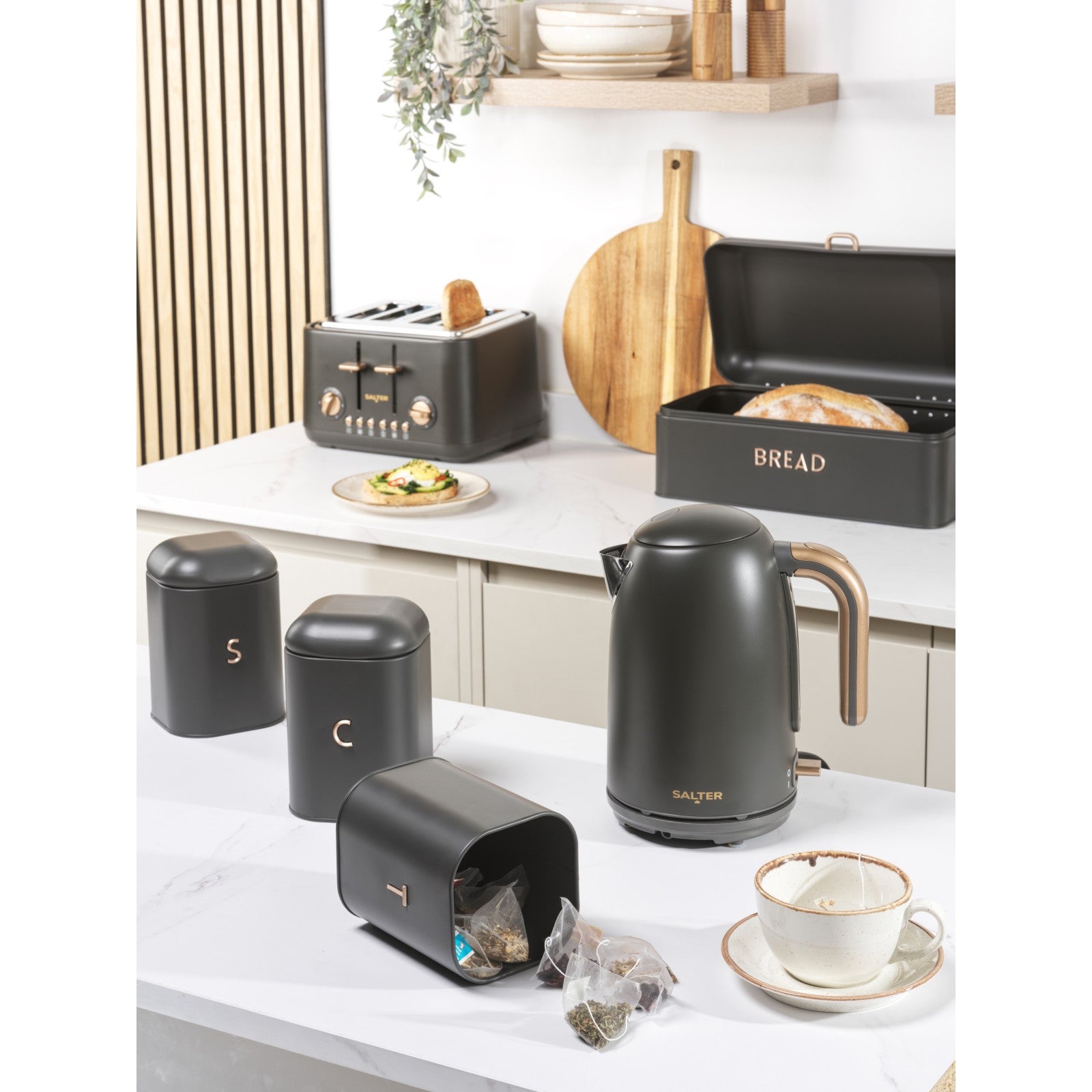 Salter Pebble 1.7L Fast Boil Kettle, 4-Slice Toaster, Bread Bin & Countertop Set