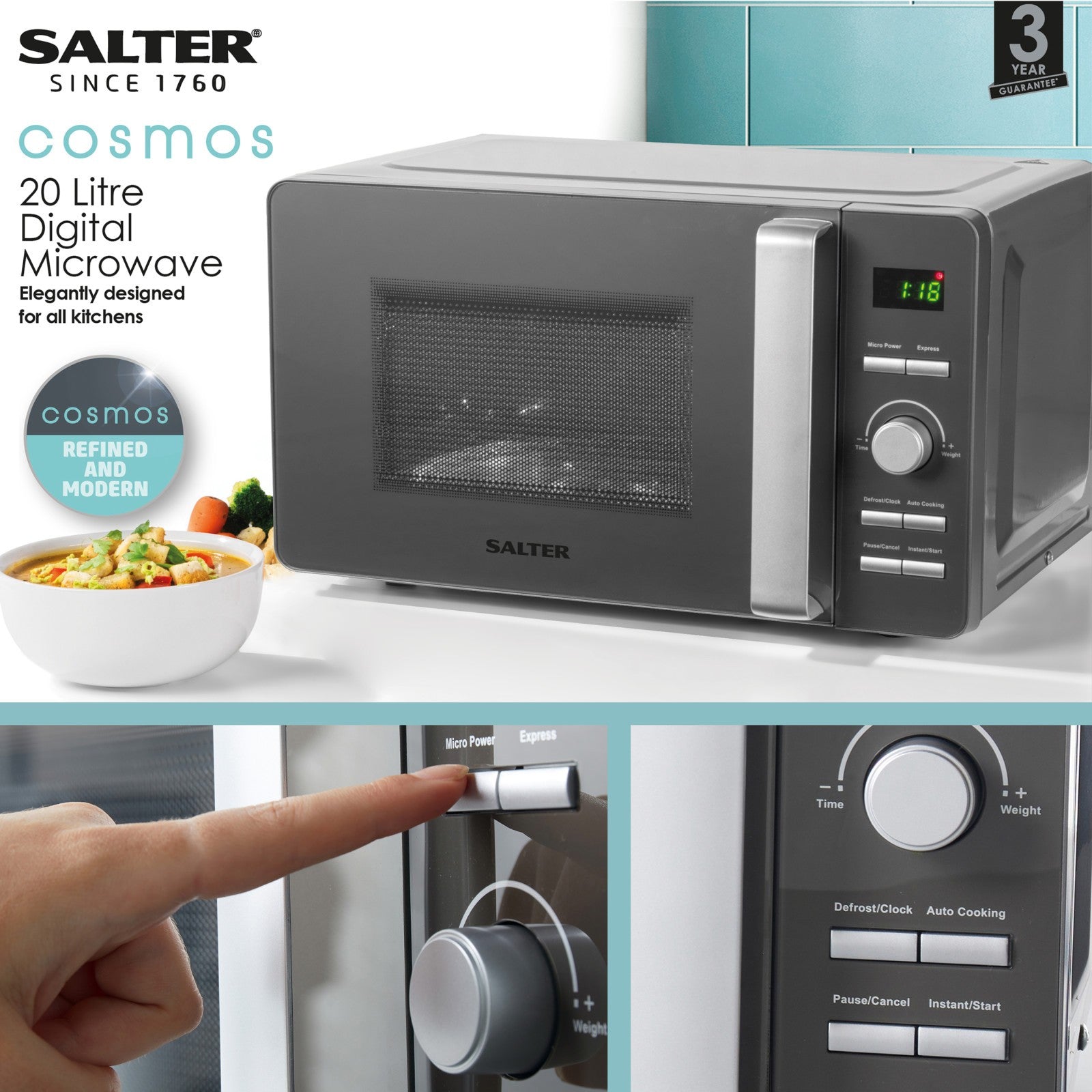 Salter Cosmos Kettle Toaster Digital Microwave Set Countertop Fast Boil 2-Slice