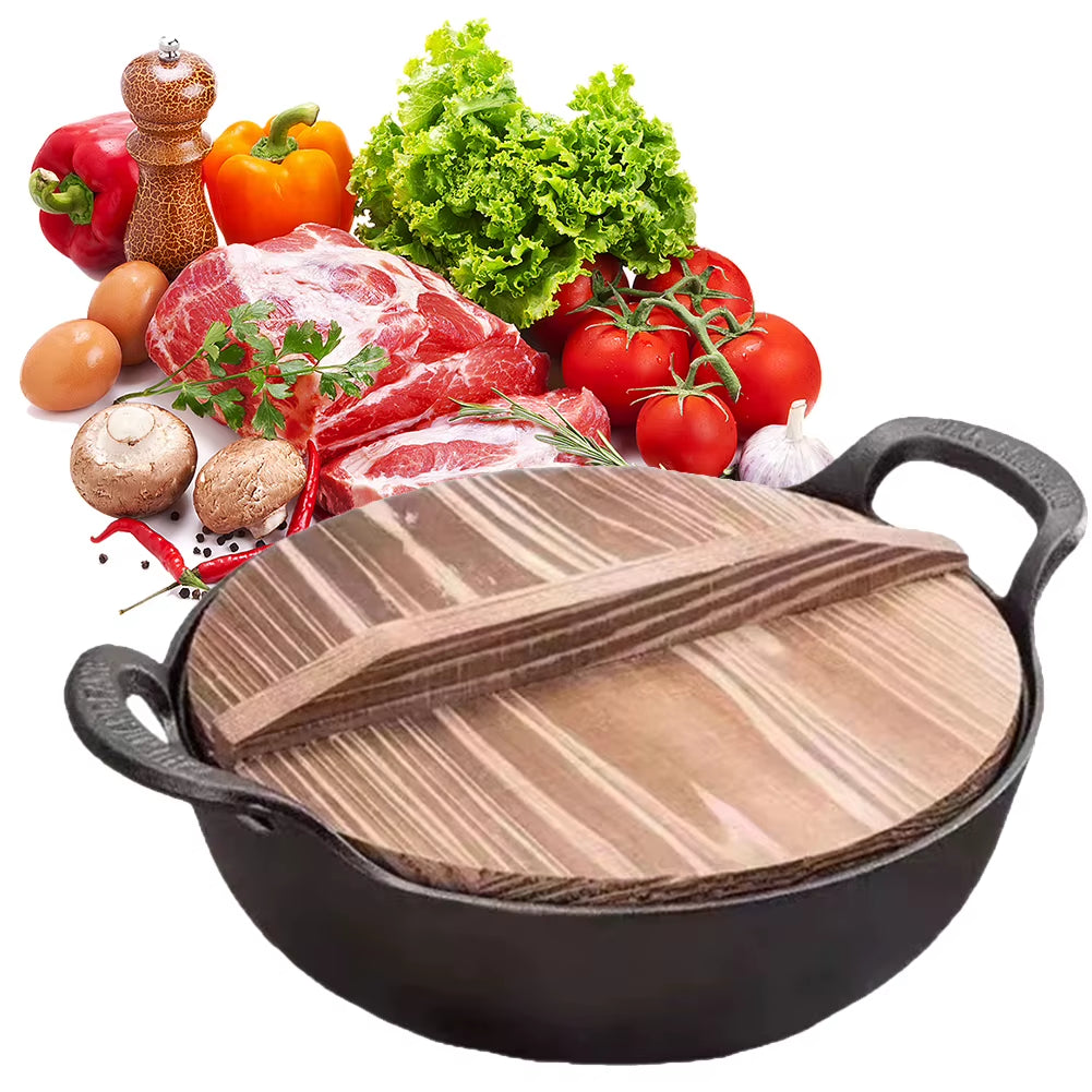 Cast Iron Pot with Lid & Dual Handle Uncoated Skillet Multi-Function Flat Bottom Stir Fry Pan for Gas Induction Cooker