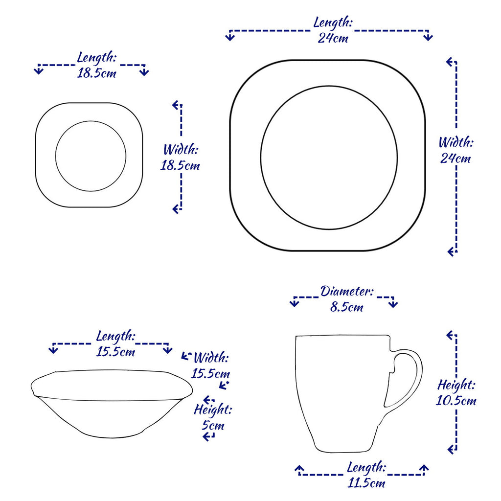 16PC Square Dinner Set Porcelain Dining Soup Plate Bowl Mug Dinnerware Printed