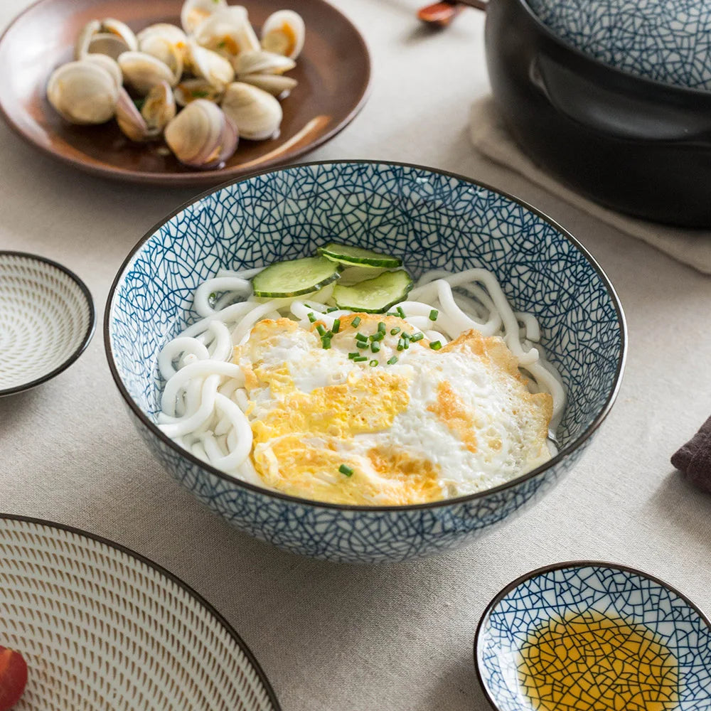 Japanese Classical Ceramic Bowls Tableware Kitchen Soup Noodle Rice Bowl Big Ramen Bowl Spoon and Teacup