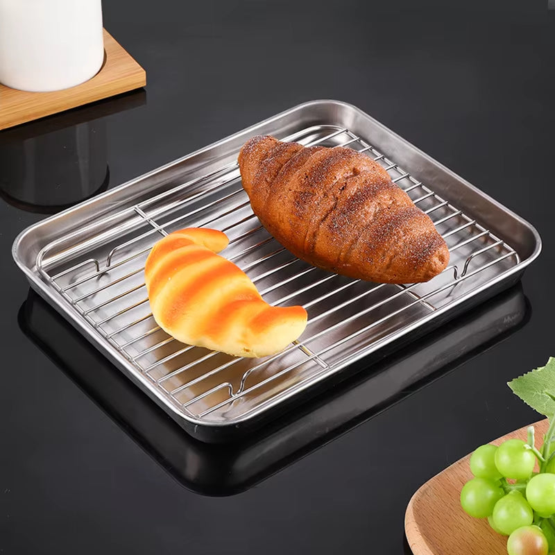 2Pcs/Set Non-Stick Baking Tray Stainless Steel Cake Bread Cooling Rack Suit Grid Line Bakeware Plate Kitchen Cooking Tools
