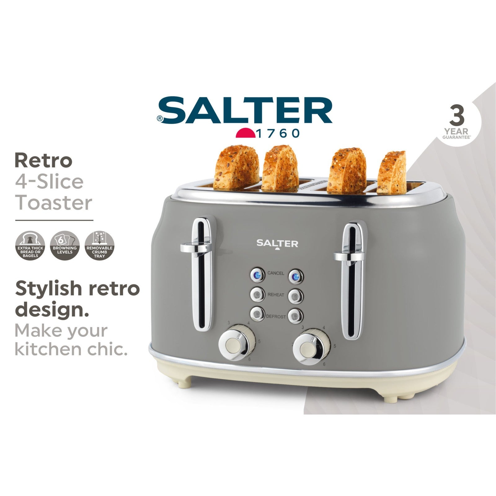 Salter Retro 4-Slice Toaster Wide Slot 6 Level Defrost Removable Crumb Tray Grey