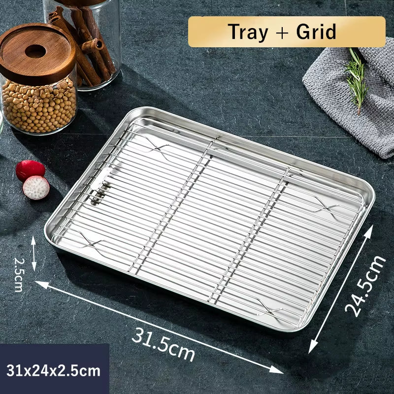 2Pcs/Set Non-Stick Baking Tray Stainless Steel Cake Bread Cooling Rack Suit Grid Line Bakeware Plate Kitchen Cooking Tools