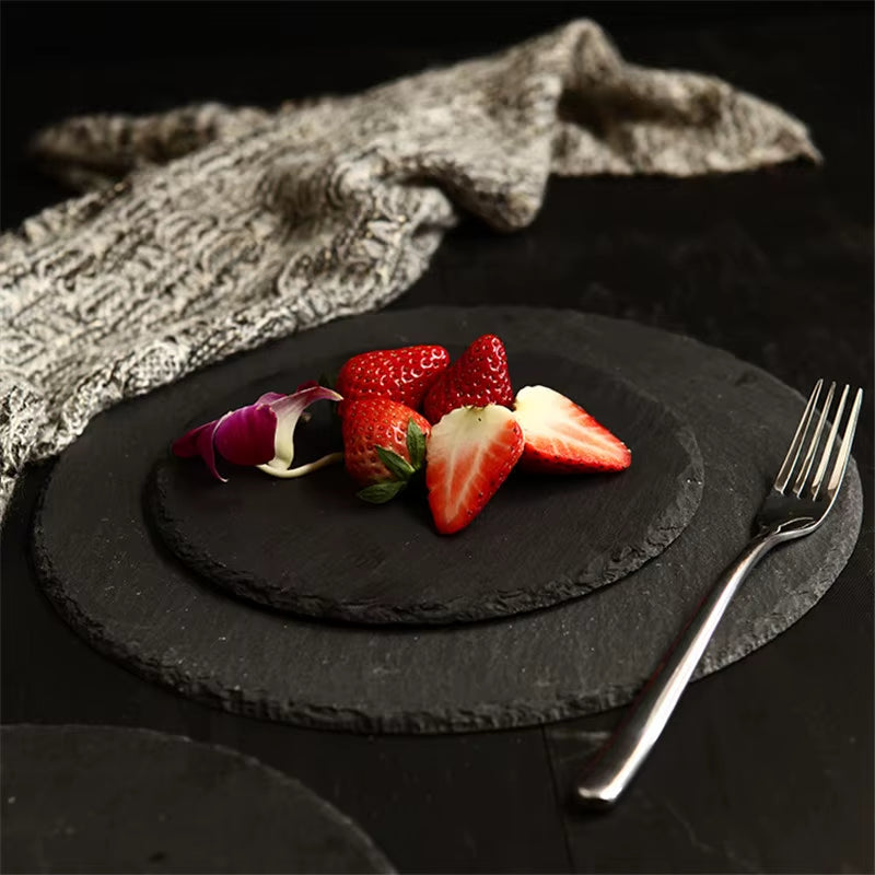 Round Western Natural Steak Stone Plates Slate Dinner Plate Kitchen Plate BBQ Dessert Cake Dishes Pizza Fruit Tray Dinner Plates