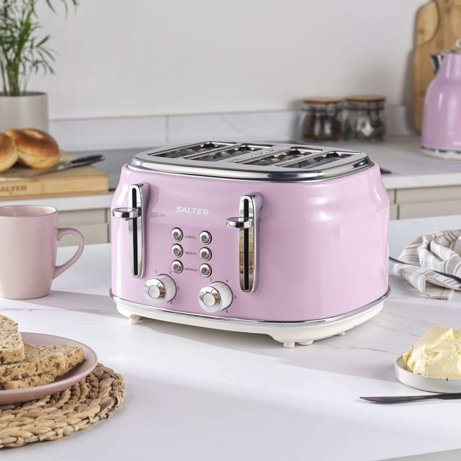 Salter Retro 3-Piece Countertop Set Espresso Machine, 1.7L Kettle & Toaster Pink