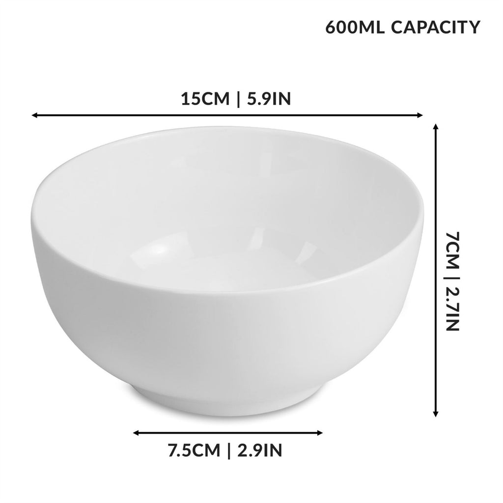 White Porcelain Bowls 600Ml - Set of 4 | Breakfast, Soup, Noodles | M&W