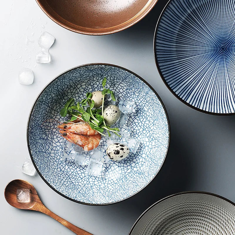 Japanese Classical Ceramic Bowls Tableware Kitchen Soup Noodle Rice Bowl Big Ramen Bowl Spoon and Teacup