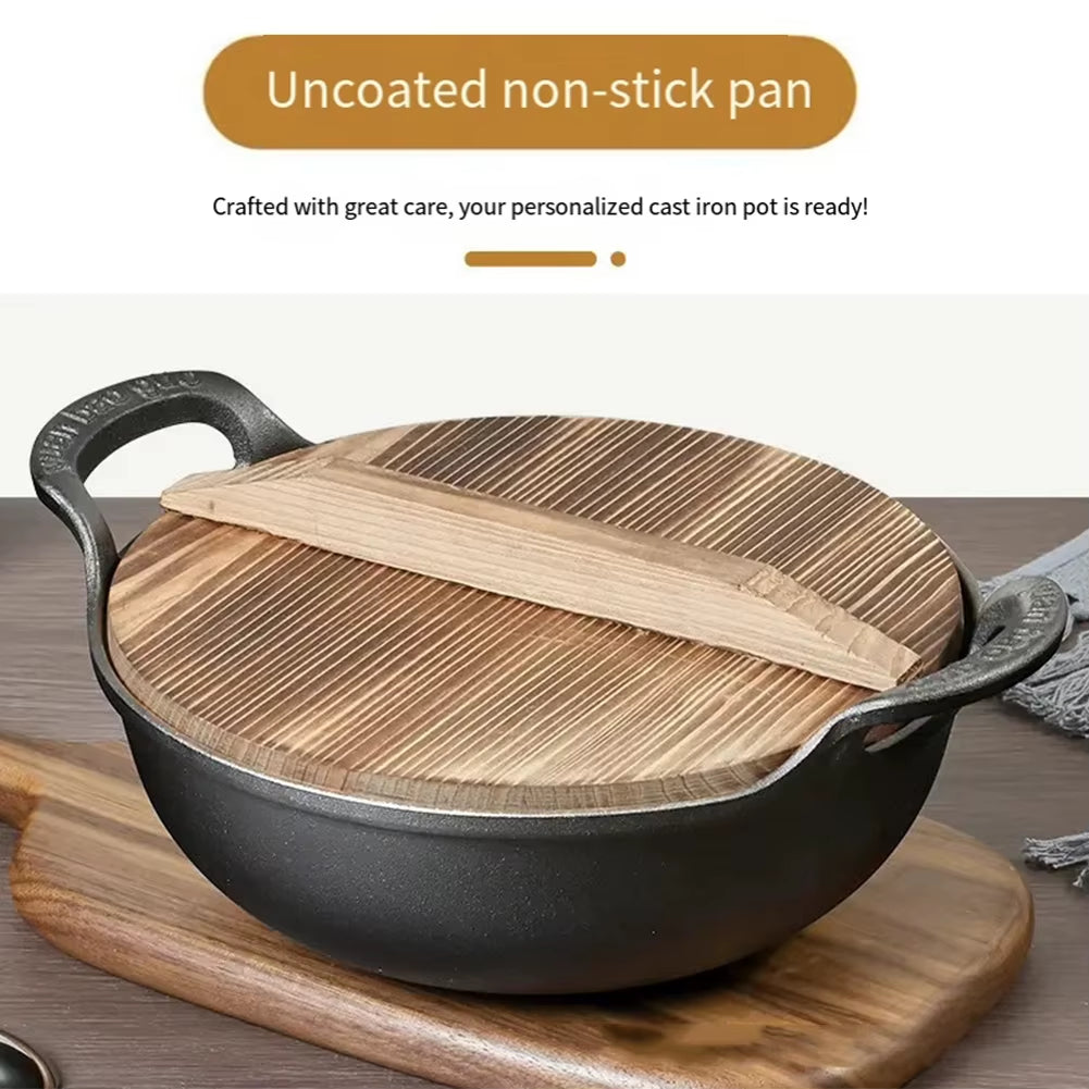 Cast Iron Pot with Lid & Dual Handle Uncoated Skillet Multi-Function Flat Bottom Stir Fry Pan for Gas Induction Cooker