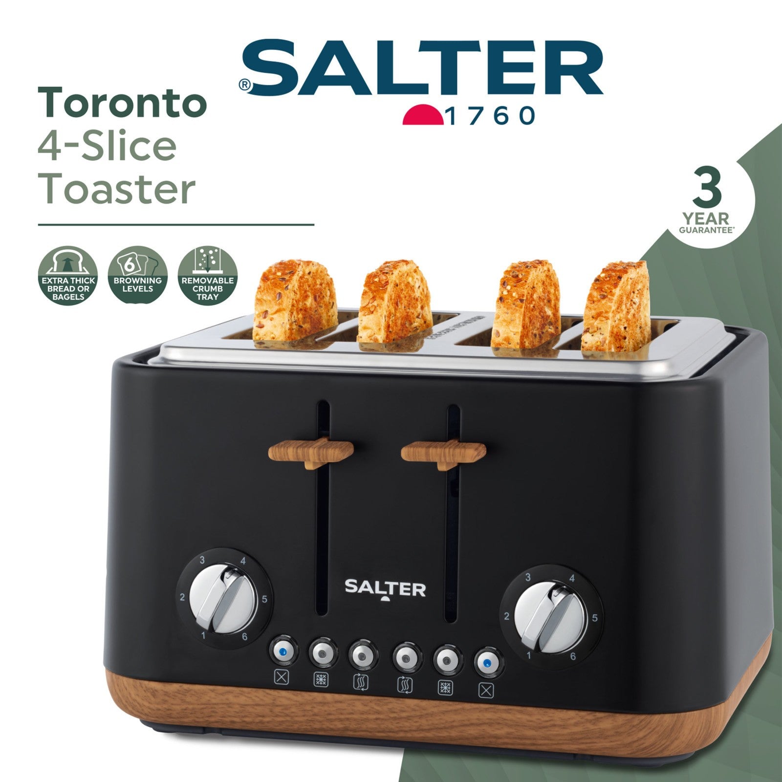 Salter 4-Slice Toaster Wide Slots for Thick Bread Crumb Tray Black Wood Effect