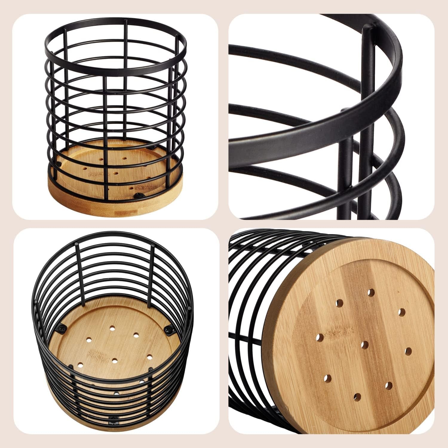 Utensil Holder for Kitchen Counter - 5.2" X 5.2" X 6" Large round with Wooden Base Matte Black Cooking Utensil Holder Utensil Organizer (Metal+Bamboo)