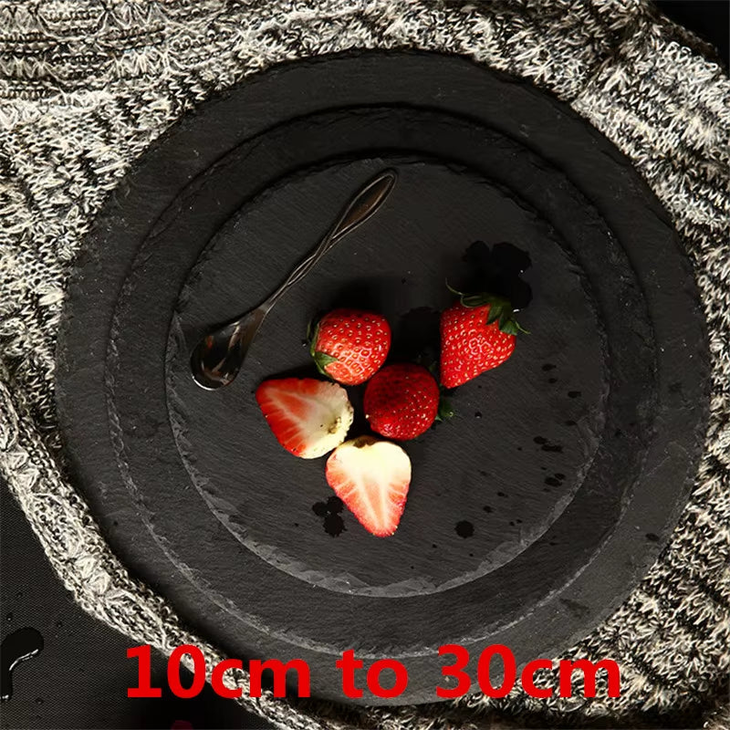 Round Western Natural Steak Stone Plates Slate Dinner Plate Kitchen Plate BBQ Dessert Cake Dishes Pizza Fruit Tray Dinner Plates