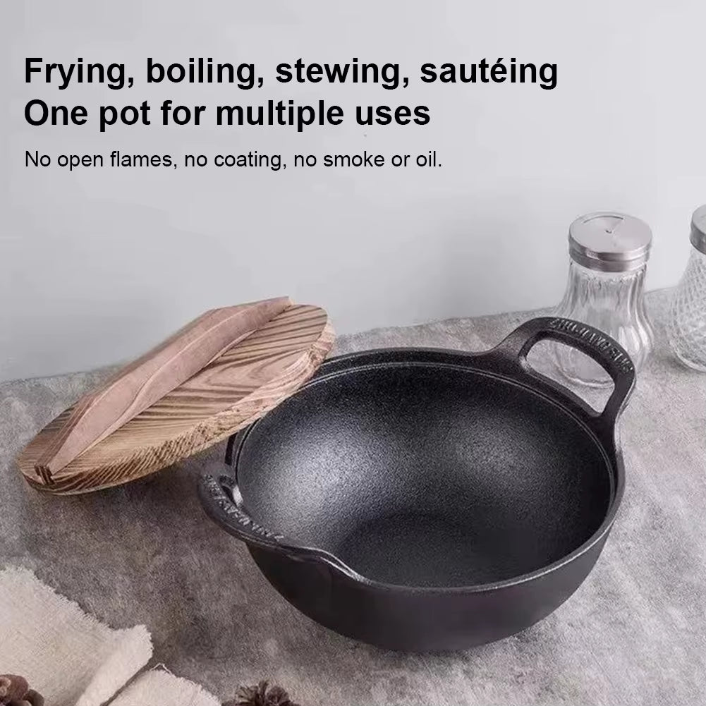 Cast Iron Pot with Lid & Dual Handle Uncoated Skillet Multi-Function Flat Bottom Stir Fry Pan for Gas Induction Cooker