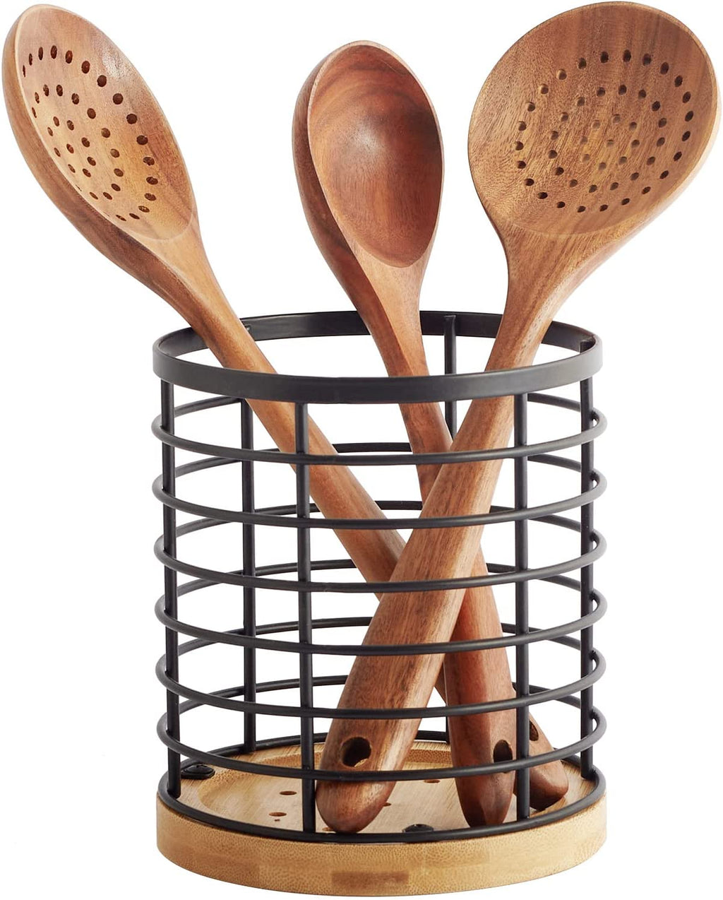 Utensil Holder for Kitchen Counter - 5.2" X 5.2" X 6" Large round with Wooden Base Matte Black Cooking Utensil Holder Utensil Organizer (Metal+Bamboo)