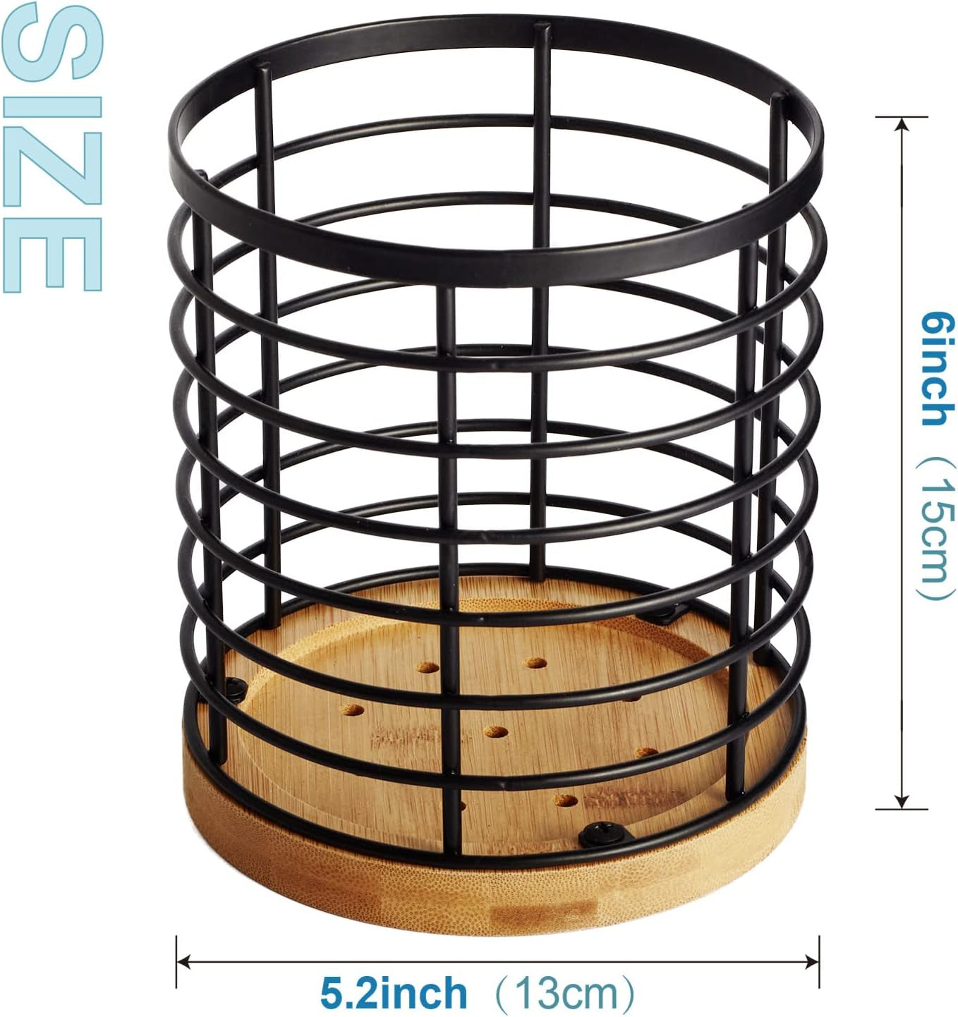 Utensil Holder for Kitchen Counter - 5.2" X 5.2" X 6" Large round with Wooden Base Matte Black Cooking Utensil Holder Utensil Organizer (Metal+Bamboo)