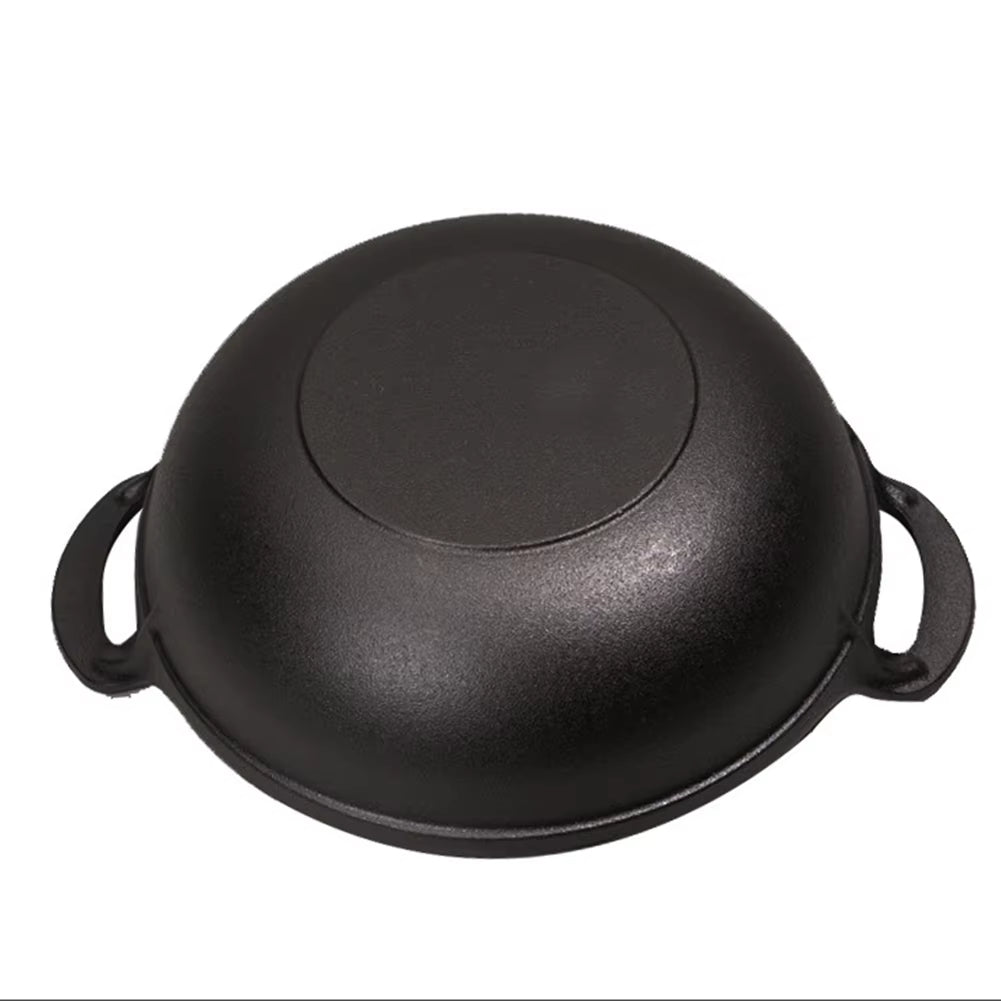 Cast Iron Pot with Lid & Dual Handle Uncoated Skillet Multi-Function Flat Bottom Stir Fry Pan for Gas Induction Cooker