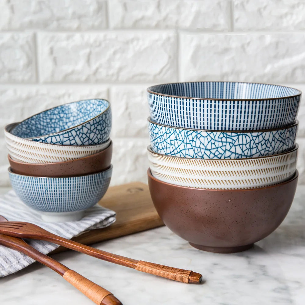 Japanese Classical Ceramic Bowls Tableware Kitchen Soup Noodle Rice Bowl Big Ramen Bowl Spoon and Teacup