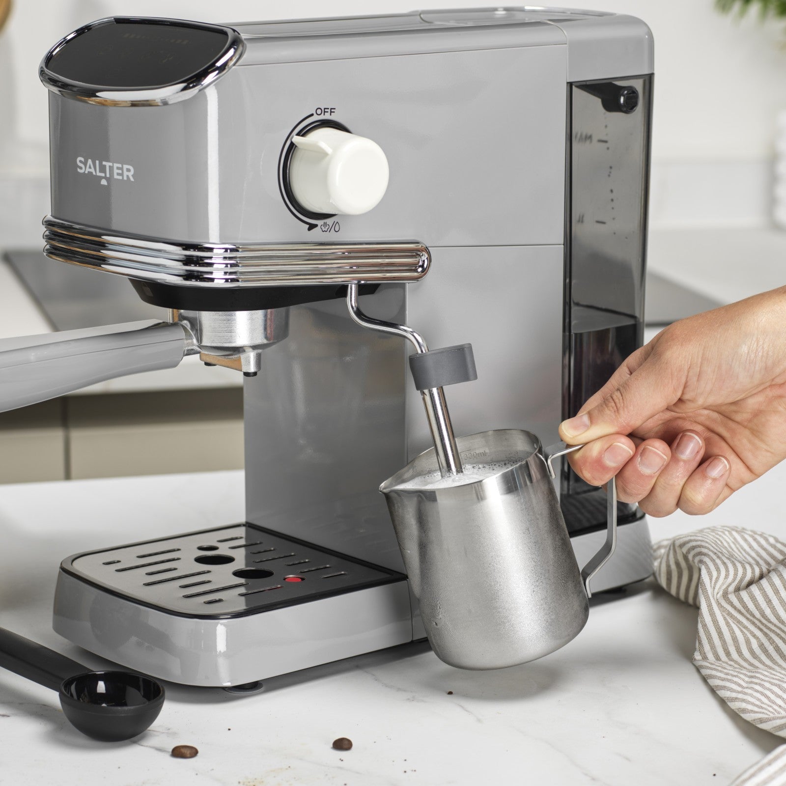 Salter Retro 3-Piece Countertop Set Espresso Machine, 1.7L Kettle & Toaster Grey
