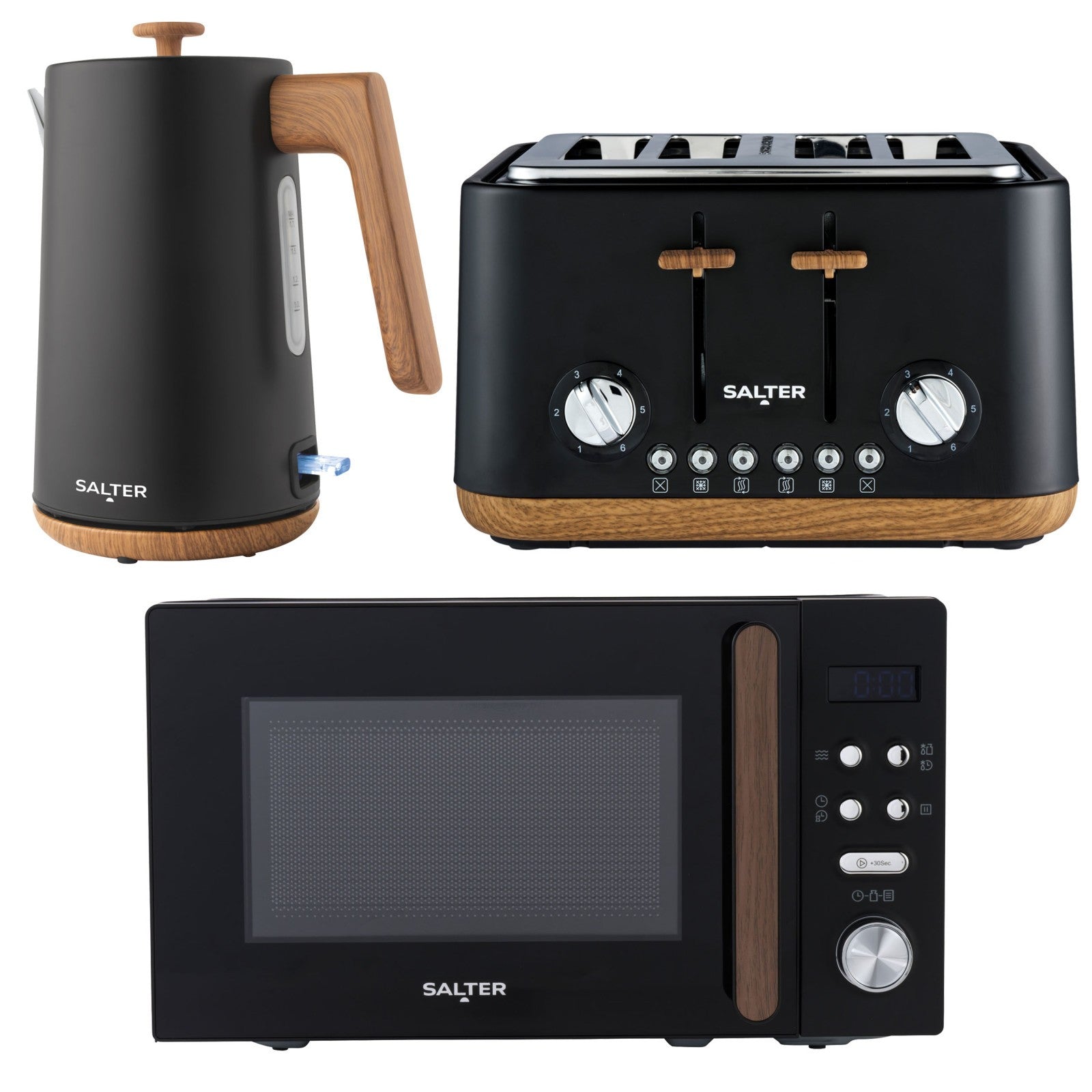 Salter Toronto Kettle Toaster Microwave Set 1.7L Fast Boil 4 Wide Slot Black