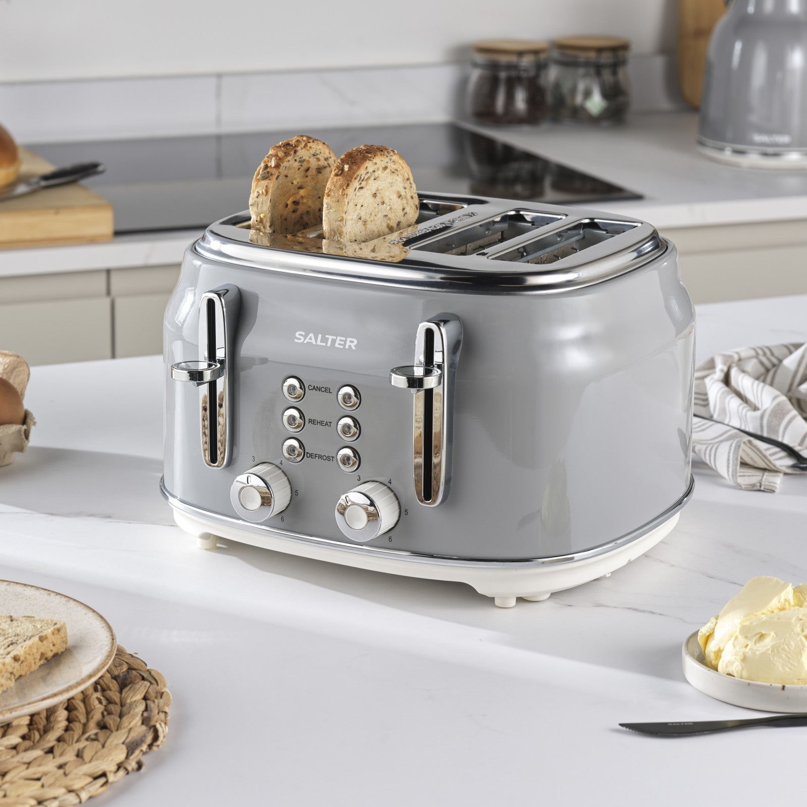 Salter Retro 4-Slice Toaster Wide Slot 6 Level Defrost Removable Crumb Tray Grey